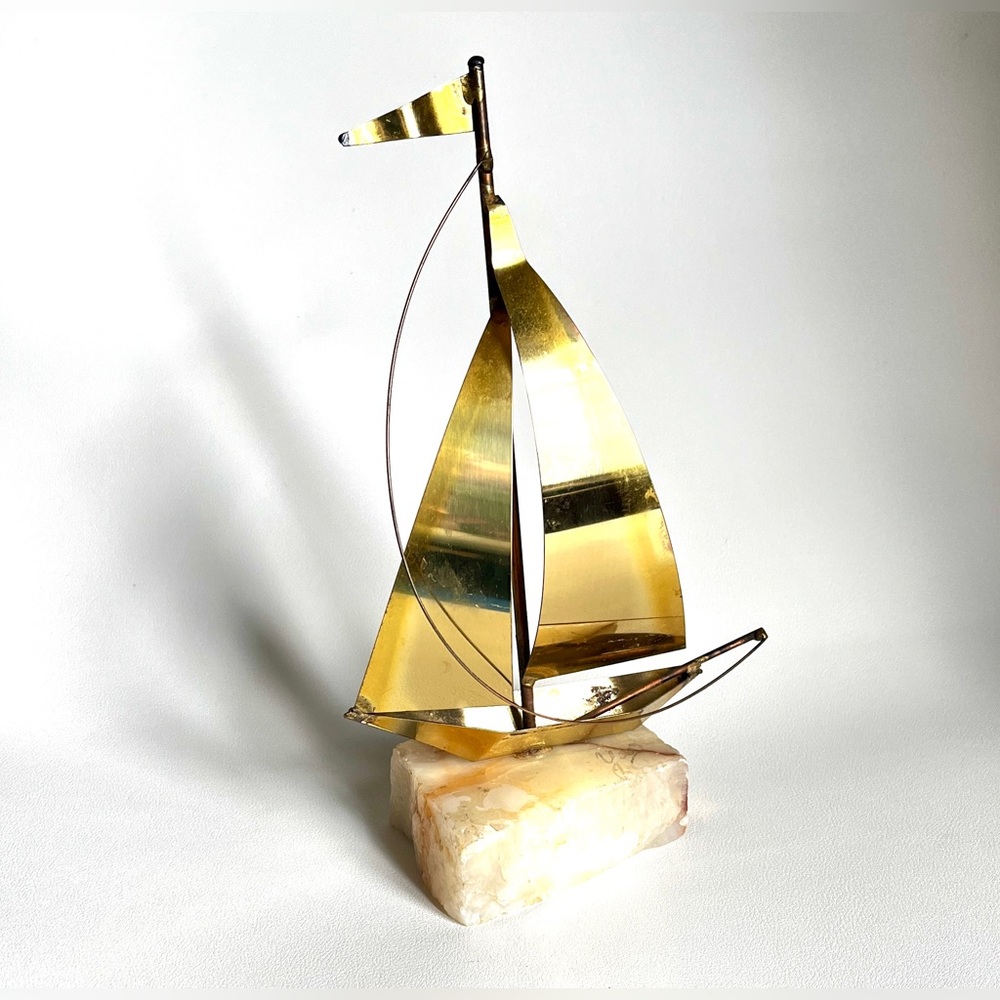 MCM Brass Sailboat Sculpture Nautical Statue Sailing Art Onyx California Yosi - Picture 3 of 9